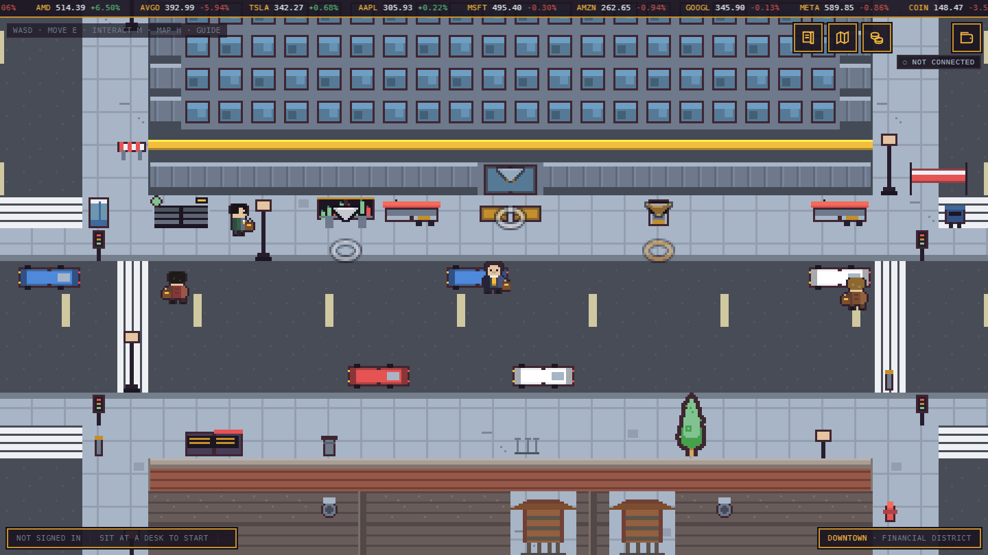 The pixel financial district: the trading office, traffic, pedestrians and the corporate towers